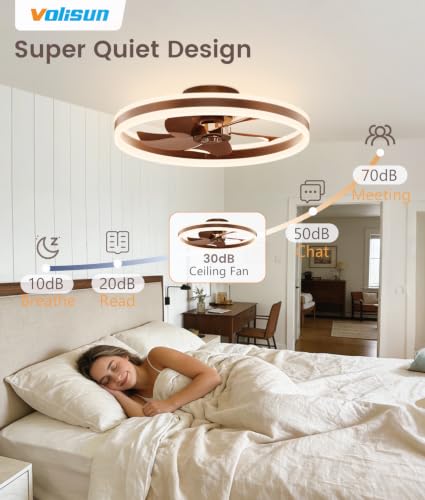 Image of VOLISUN Low Profile Ceiling Fans with Lights and Remote, 20in Flush Mount Ceiling Fans with Light, 3000K-6500K Dimmable Fandelier LED Fan Light, Farmhouse Ceiling Fans with Lights for Bedroom