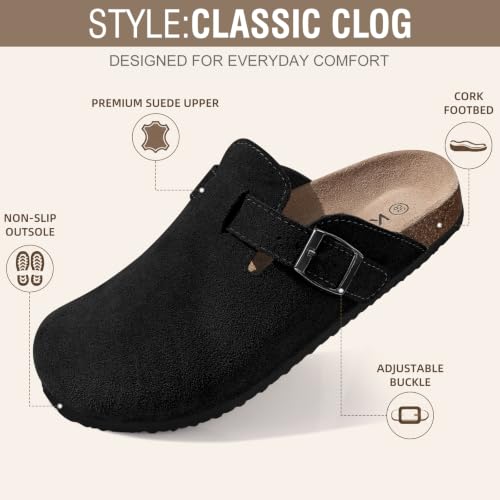 Image of KIDMI Genuine Suede Clogs for Women Men Cork Footbed Mules Potato Shoes | Arch Support, Comfortable, Leather Slip On, Fall, Casual, Indoor Outdoor, Non-slip Rubber Sole, Adjustable Metal Buckle
