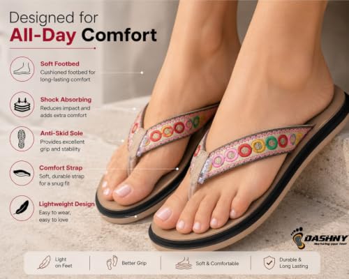 Image of Dashny Women's Comfortable Flip Flops | Soft Cushioned Footbed | Lightweight Anti-Skid Sole | Embroidered Toe Post Slippers | Comfortable Indoor & Outdoor Footwear