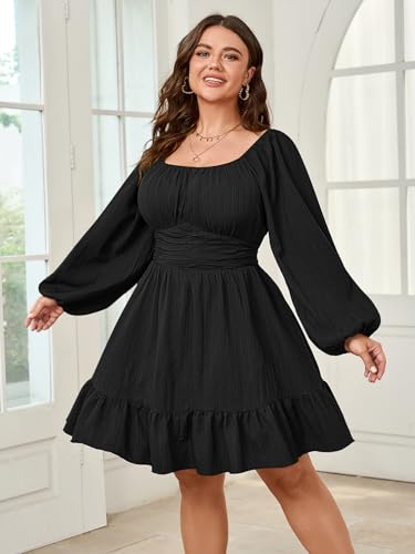 Womens Plus Size Dress Casual Long Lantern Sleeve Square Neck Textured Ruffle Flowy Ruched A-Line Mini Dresses for Women2