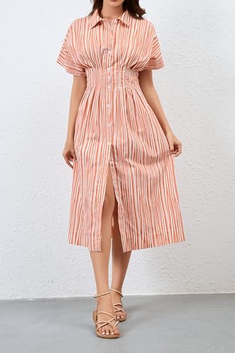Image of Women's Striped Button Front Pleated Maxi Shirts Dress Short Sleeve Collar V Neck Summer Casual Corset Long Dress