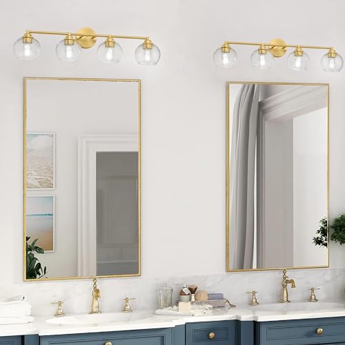 Image of Brushed Gold Bathroom Light Fixtures,4-Light Vanity Lights with Clear Glass,Mid Century Modern Bathroom Light Fixture Over Mirror