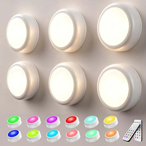 swesara Push Lights with Remote 6-Piece Battery-Powered LED Hockey Puck Lights Wireless Under-Cabinet & Baseboard Illumination Dimmable & Color-Changing (6 Pack White Color)