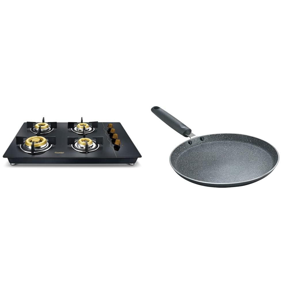 Prestige Glass 4 Burner Gas Stove (Black) & Omega Deluxe Granite Omni