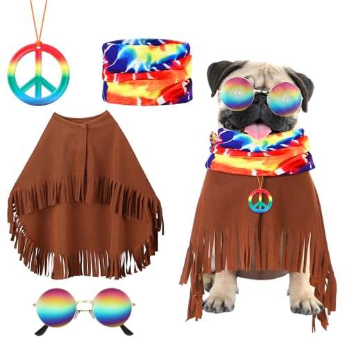 Huhumy 4 Pcs Hippie Dog Costume Pet Dog Hippie Costume Set Includes Sunglasses Scarf Cloak Necklace(Tie Dye,Small)
