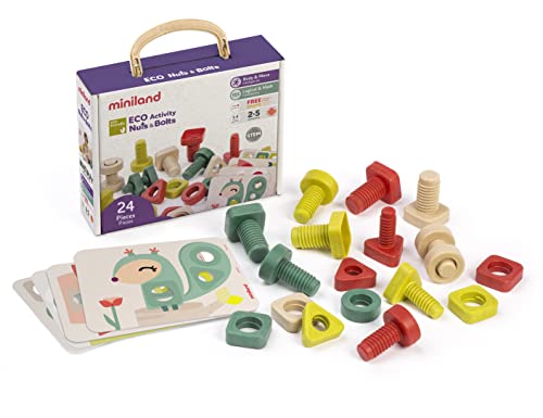 Miniland Juego de Tornillos y Tuercas con Actividades, Fichas Interactivas, Fabricado en España con Materiales Sostenibles, para niños de 2 a 5 años | Eco Activity Nuts & Bolts