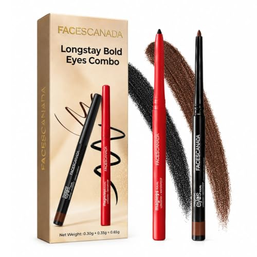 FACES CANADA Longstay Bold Eyes Combo of 2 | Magneteyes Black Kajal, 0.35g + Magneteyes Brown Kajal, 0.30g | Highly Pigmented Kohl | Long Stay | Matte Finish | Single Stroke Glide | Waterproof, Smudgeproof & Fadeproof | With Almond Oil & Vitamin E