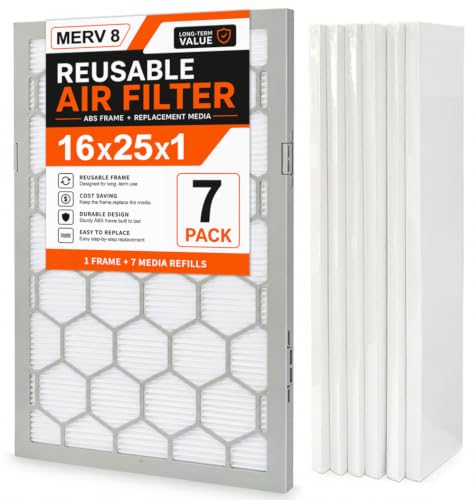 OlitAir 16x25x1 MERV 8 Air Filter,AC Furnace Air Filter,Reusable ABS Plastic Frame, 7 Pack Replaceable Filter Media (Actual Size: 15 3/4" x 24 3/4" x 3/4")