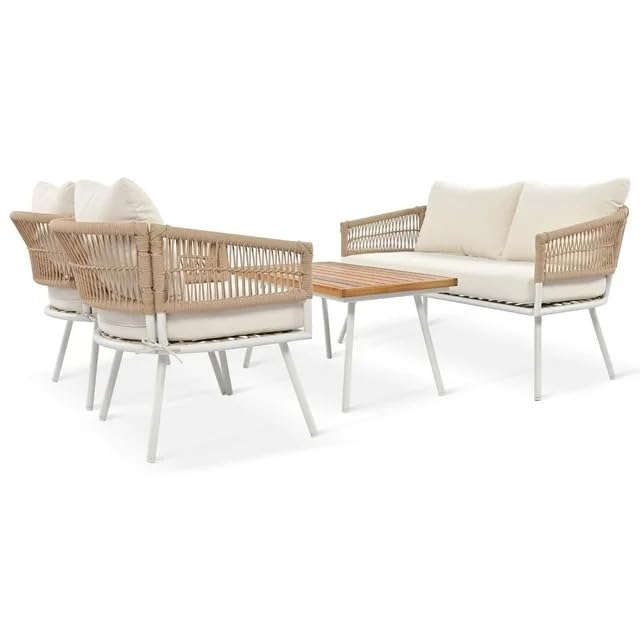 Image of 4 Seater Outdoor Rope Sofa Set | Modern Patio Furniture with All-Weather Woven Rope | Stylish & Comfortable Garden Lounge Seating (Beige)