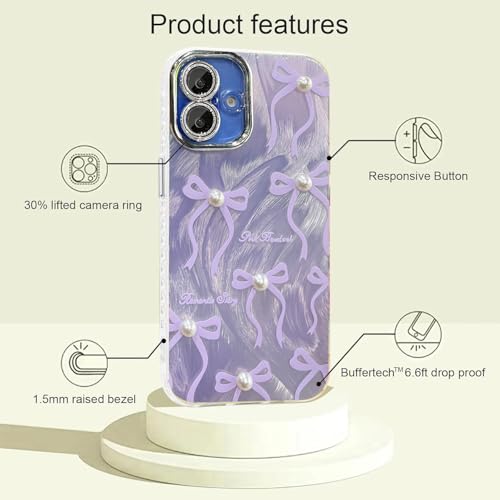Image of VONZEE Compatible with iPhone 16 Plus 6.7'' Case Luxury Pink Girly Cute 3D Bow Pearl Glitter Bling Case with Full Camera Protection Shockproof PC+TPU Glossy Shiny Cover for Girls Women,Purple