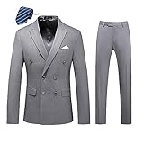 MOGU - Traje de 2 Piezas para Hombre, Corte Delgado, Doble Botonadura y Pantalones de Color sólido - Gris - 48