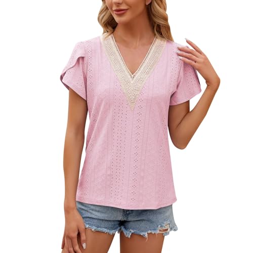 Camiseta informal de manga corta para mujer, de encaje, cuello en V, para verano, holgada, de gran tamaño, rosso, L