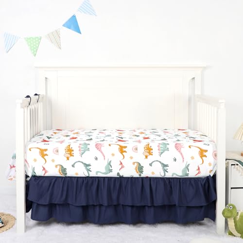 Image of Crib Bedding Set for Boys, Baby Crib Bedding Set 4 Piece, Baby Boy Nursery Bedding Set Including Comforter, Fitted Crib Sheet, Crib Skirt, Diaper Stacker, Blue Dinosaur