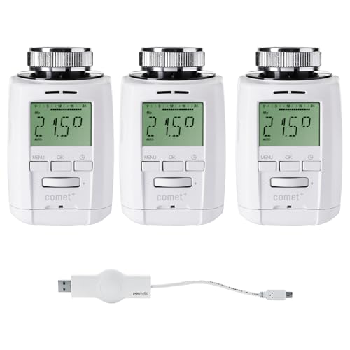 Preisvergleich Produktbild Eurotronic Comet Plus Heizkörperthermostat Set - Intelligente Heizungssteuerung für 3 Heizkörper inkl. PROGmatic-Stick für Programmierung am PC