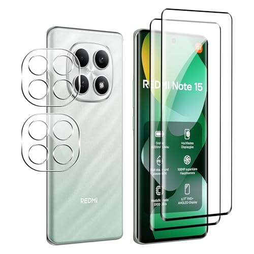 FDHYFGDY Protector Pantalla para Xiaomi Redmi Note 15 4G,2 Piezas Protector de Pantalla,2 Piezas Pelicula para lentes,Ultra HD Vidrio Templado, Dureza 9H, Anti Arañazos,Sin Burbujas Cristal Templado