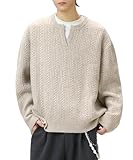 POHADON Cable Knit Sweater for Men Women Fall Winter Vintage Aesthetic Grandpa Grunge V-Neck Pullover Tops Y2k Korean Clothes (Beige,Medium)