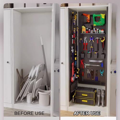 Generisch Lochwand-Organizer-Paneele. Schwarze Metall-Lochwandpaneele – Wandorganizer für Garage, Werkbank und Werkstatt, Werkzeugaufbewahrungssystem mit 10 Haken, modulares Lochwand-Set (60 x 40 cm)