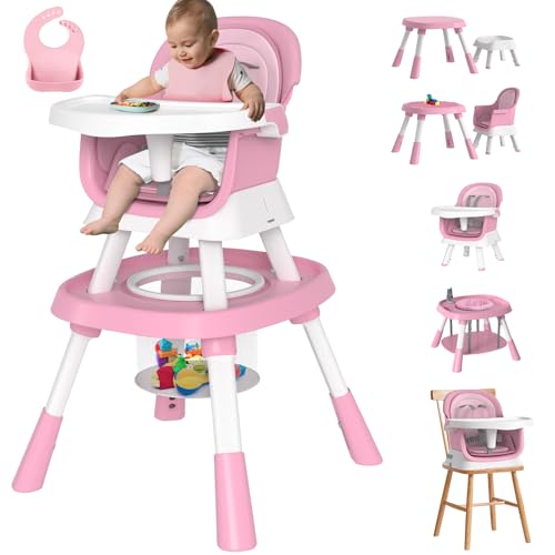 Image of BIERUM 15-in-1 Convertible Baby High Chair for 2M-10Y Toddlers, Kids Learning Table & Baby Feeding Chair, Highchair with 360° Rotation, Removable Tray, 5 Point Harness, 2 Layer Cushion (Pink)