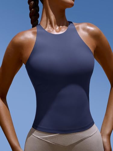 Image of LASLULU Womens High Neck Workout Tank Tops with Built in Bra Strappy Back | Low to Medium Impact,Longline Halter Neck Sports Bra,Fitted Compression,Padded Athletic Yoga Running Gym Pilates Tank Tops