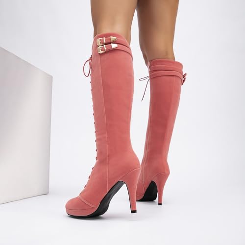 Image of getmorebeauty Womens Knee High Boots Suede Buckle Rock Lace Up Zipped Thigh High Heel Boots