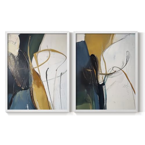 Renditions Gallery Set of 2 Peel & Stick Framed Prints, Abstract Wall Art, Swirling Colors with Gold Lines Wall Decor, Re-Stickable - Ready to Hang - 8"x10" - White Frame LT608