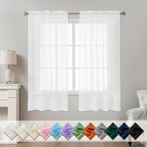Image of White Sheer Curtains 63 Inch Length, Privacy Semi Sheer Curtains for Living Room Bedroom, Light Filtering Rod Pocket Voile Window Drapes 2 Panels Set, Each 42 inch W x 63 inch L