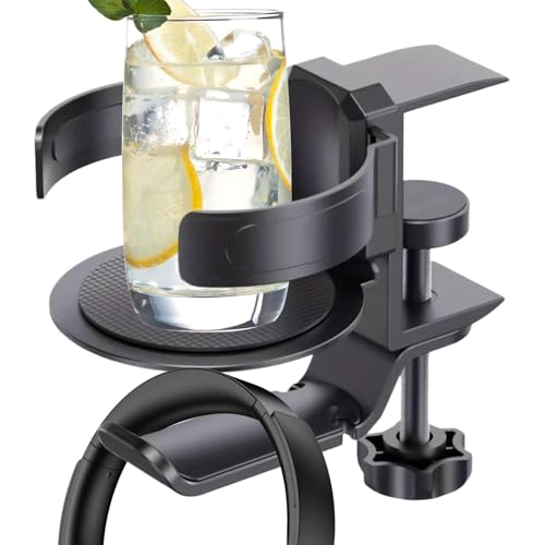 Fini le café renversé avec ce porte-gobelet de bureau et porte-casque 2-en-1 rotatif