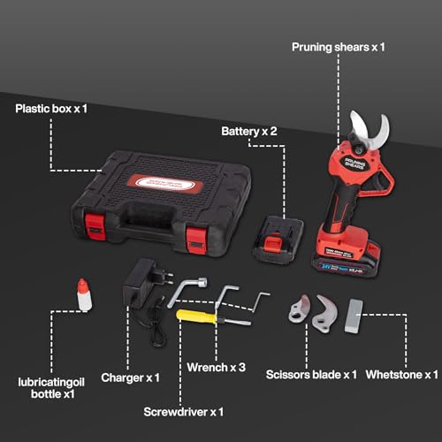 40 mm Akku Astschere: Elektrische Gartenschere 3000 mAh x2, SK5 rostfrei mit Sicherheitsverriegelung für Obstbäume, Sträucher & Gartenpflege （Rot）