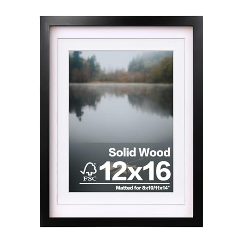 Egofine 12x16 Picture Frame Black Covered by Plexiglass Made of Solid Wood, Display Pictures 9x12 and 11x14 with Mat or 12x16 Without Mat for Wall Mounting