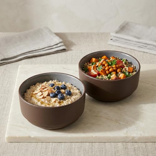 Image of BLACKCARROT Stoneware Ceramic Bowls Set of 2 | 750 ml Each, Microwave Safe, Bone Ash-Free, Salad & Pasta Bowls | Elegant Brown Sand Design