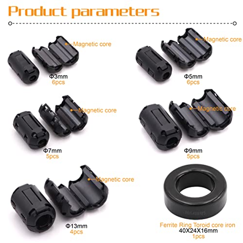 Taigoehua 27 Pieces Rfi Emi Noise Suppressor Cable Clip For 3Mm/ 5Mm/ 7Mm/ 9Mm/ 13Mm Diameter Cable With 40X24X16Mm Ferrite Ring Toroid Core Iron (Black) #TOP1