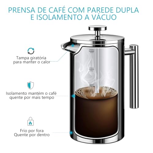 Cafeteira de Prensa Francesa de Aço Inoxidável de 700 ml com Filtro de 4 Estágios e Isolamento Duplo