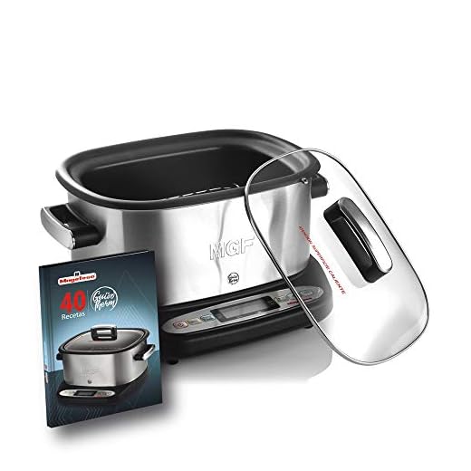 MAGEFESA Olla eléctrica de cocción Tradicional GUISOTHERM 6L 1250 W, Incluye Libro de Cocina con Recetas, Recipiente extraíble Anti adherente, Apto para lavavajillas, Tapa de Vidrio (Aluminio)