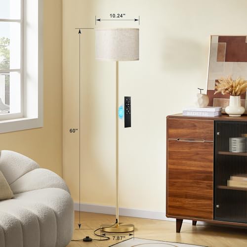 Image of Ambimall 60'' Modern Floor Lamp with Remote, Tall Lamps for Living Room, Bedroom, Office, Dining Room, Beige Shade with Gold Pole(Included Bulb)