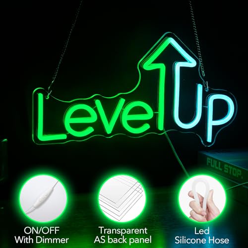 Image of Level UP Neon Sign, Neon Sign For Wall Decor, Game Room Game Zone LED Neon Light Wall Art Decor Home Bedroom Gaming Room Decoration Party Personalized For Gamer (15.7 x 8.7 in)