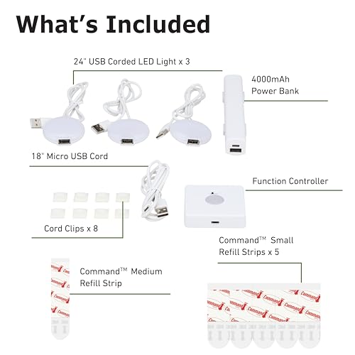 Good Earth Lighting Under Cabinet 2-Inch Puck Lights in White, USB 40000mAh Rechargeable Power Bank, 80 Lumens, 3000K Color Temperature, Set of 3 Lights