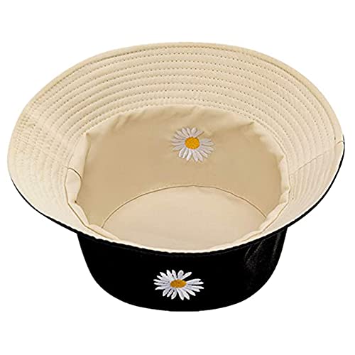 Bucket Hat for Women Summer Travel Beach Sun hat Reversible Outdoor Cap Unisex, Schwarz/Cremefarbene Gänseblümchen, 7/7 1/4 Cover