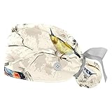 Lot de 2 bonnets de travail avec boutons et ruban pour femme - Cheveux longs - Bandeau réglable en coton - Chapeau de travail pour queue de cheval - Chapeau à nouer - Oiseau de printemps - Peinture à l'huile chinoise, multicolore, taille unique