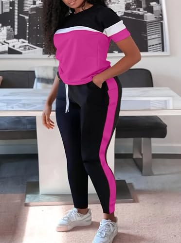 LovelyWholesale Plus Size 2 Piece Outfits for Women Color Block Tracksuit Short Sleeve Top and Pants Set3