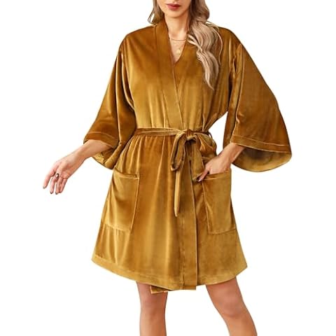 Kelaixiang Women Velvet Robe Short Fuzzy Kimono Bathrobe for Women 3/4 Sleeve with Pockets Bridal Wedding Sleepwear Cover