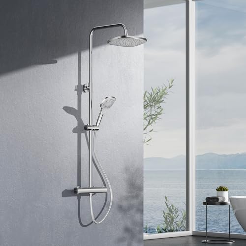 EMKE Duschsystem mit Thermostat, 38℃ Thermostat Duschsäulese, Duscharmatur Komplettset mit 28 cm Quadratisch-Overhead Regendusche, 86-119cm Höhenverstellbare Duschstange, KTW Zertifizieren, Chrom