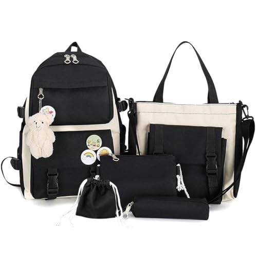 Kit 5 Bolsa Mochila Femina Musculina De Nylon adequado Para Escola Multiuso (Preto【Estilo Escolar】)