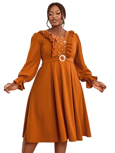 Amazon.com: AOMEI Women's Elegant Brown Fall Dress Beading Ruffle V Neck  Long Puff Sleeve A-Line Midi Dresses (Brown,Small) : Clothing, Shoes &  Jewelry