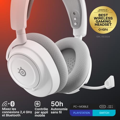 SteelSeries Casque sans fil Arctis Nova 7 multi-plateforme Gen2 -Contrôle des applications en temps réel - 50H+ -Haut-parleurs magnétiques en néodyme -Mixable 2,4GHz/Bluetooth -PC,PS5,Switch1/2,Mobile