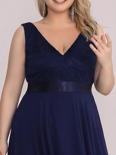 Image of Ever-Pretty Plus Women's V Neck Sleeveless Asymmetric Hem Lace Chiffon Short Summer Plus Size Wedding Guest Dresses Navy Blue US20