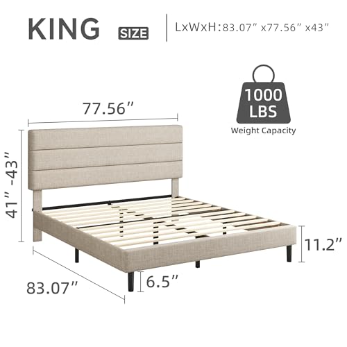 King Platform Bed Frame with Adjustable Linen Fabric Upholstered Headboard, Strong Slats Support, Noise-Free, No Box Spring Required, Easy Assembly for Bedroom Guest Room, Beige - Image 3