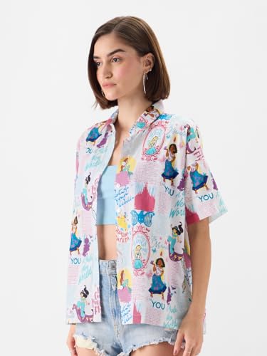 Image of The Souled Store Official Disney 100: Classic Women and Girls Short Sleeves Collared Neck Button Front White All Over Printed Casual Summer Ready Easy to Style Cotton Boyfriend Shirts