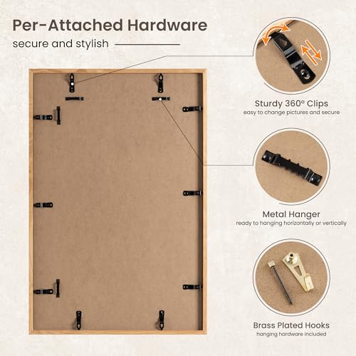 Image of FLYJOE 16x24 Oak Wood Picture Frame with Mat for 12x18, 16 by 24 USA-Sourced Natural Solid Wooden Poster Frame for Wall Display, Tempered Real Glass, Hanging Hardware Included, 3 Pack, Natural