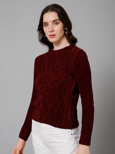 Image of Cantabil Self Design Maroon Round Neck Full Sleeves Regular Fit Women Casual Sweater | Casual Winter Sweater for Women | Ladies Sweater for Winter Wear (P LSWT00071 Maroon)