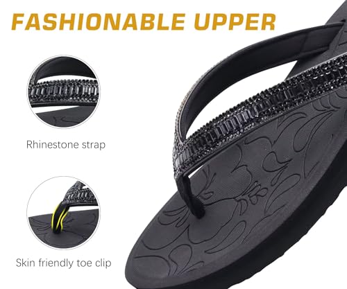 Image of ONCAI Women's Flip Flops with Rhinestone, Arch Support Yoga Mat Comfort Walking Summer Beach Thong Sandals with Plantar Fasciitis Rubber Soles US Size 5-11